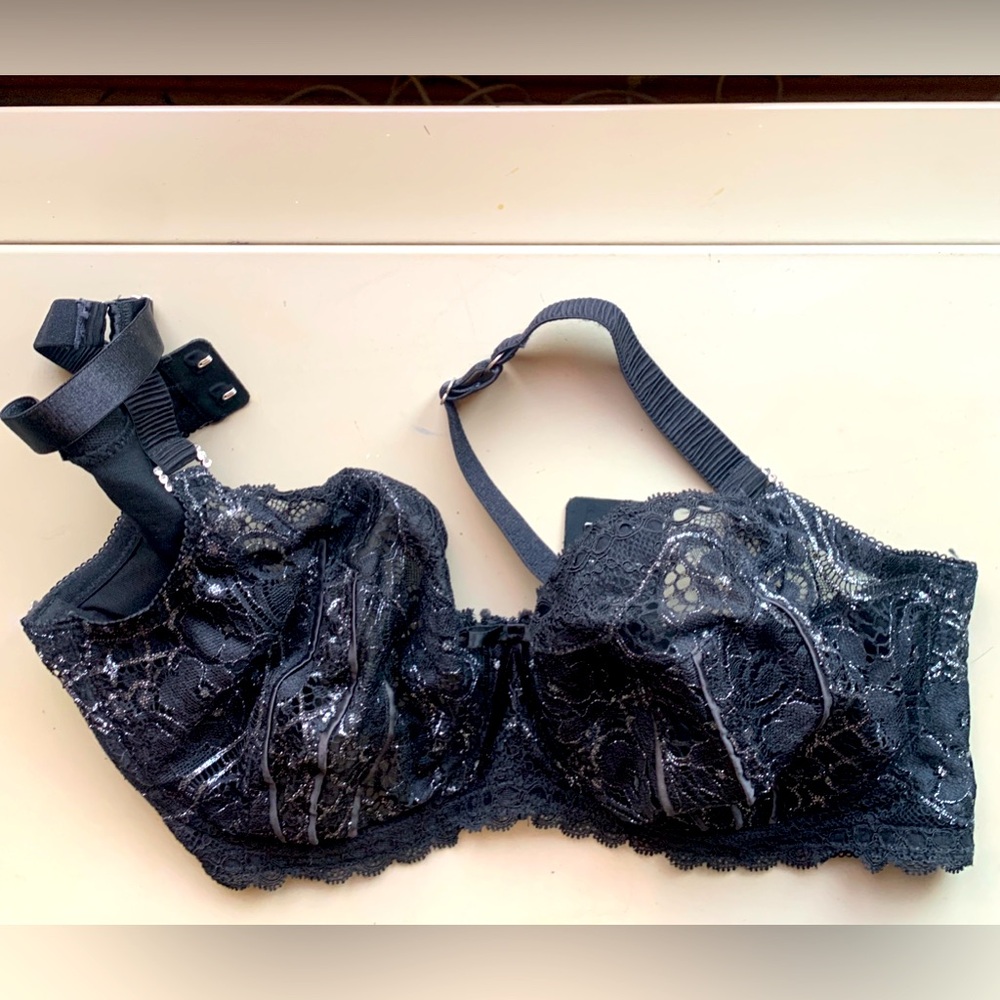 Pleasure State Black Lace Bra with Silver Metallic Threads 36DD